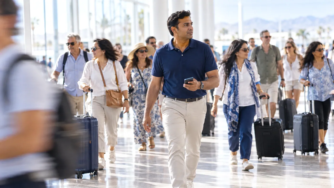 A tour leader walking his group through a departures hall while checking his phone